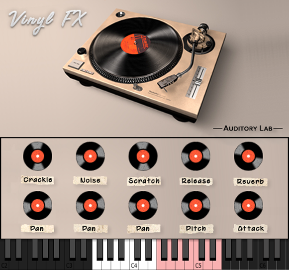 Vinyl FX VST audio plugin interface with analog turntable emulation, vinyl crackle dust effects, needle drop sounds, mechanical button noise controls for retro lo-fi music production